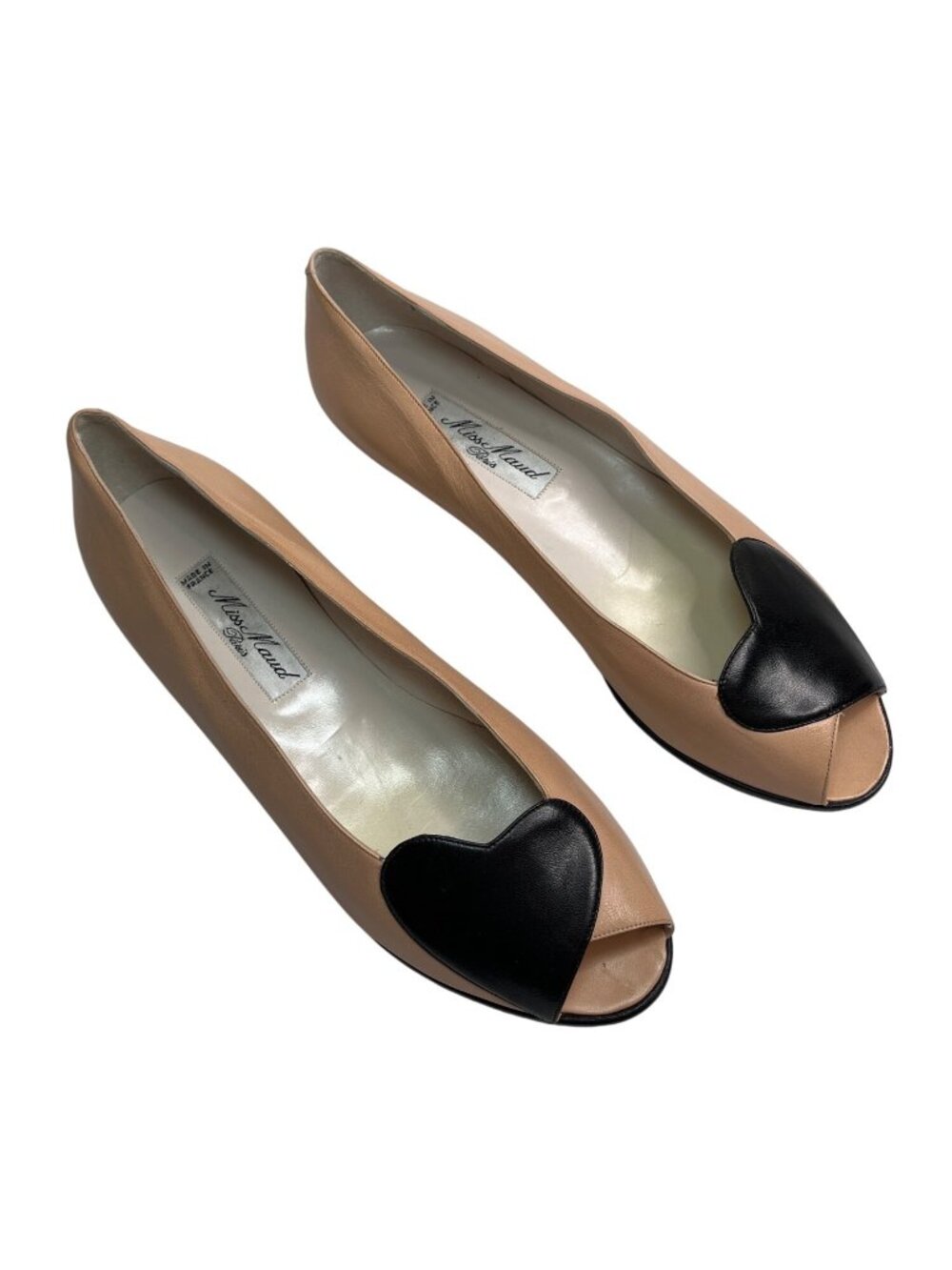Miss Maud Paris Leather Peep Toe Flats Heart Accent Beige Size 39
